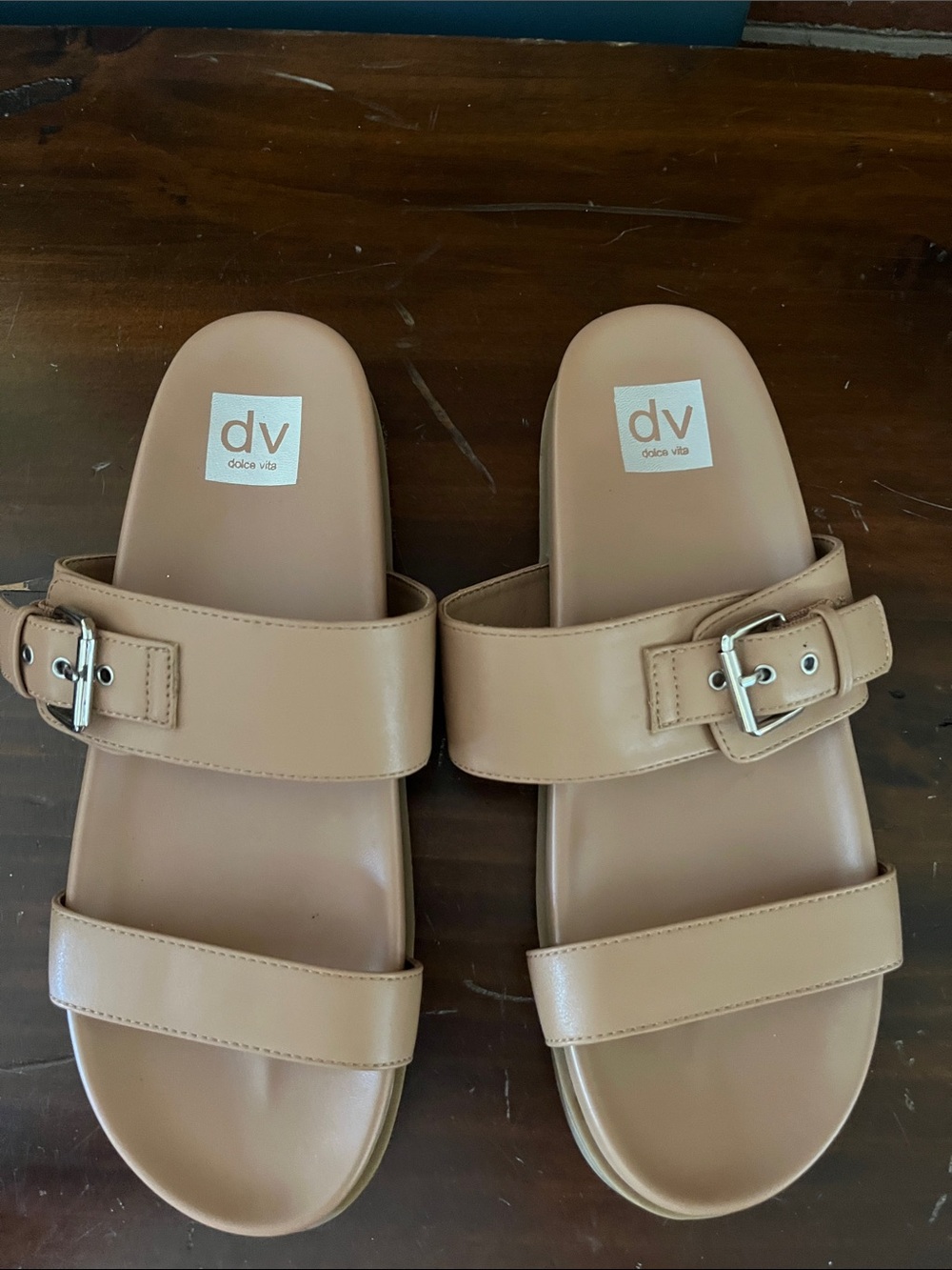 Dolce Vita Nude/Tan Double-Strap Slide Sandals with Buckle Detail - Picture 2 of 5